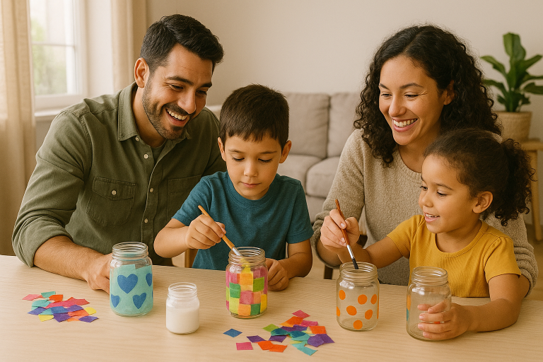 the family and kids are creating crafts with jars